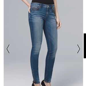 White House Black Market faux leather trim denim